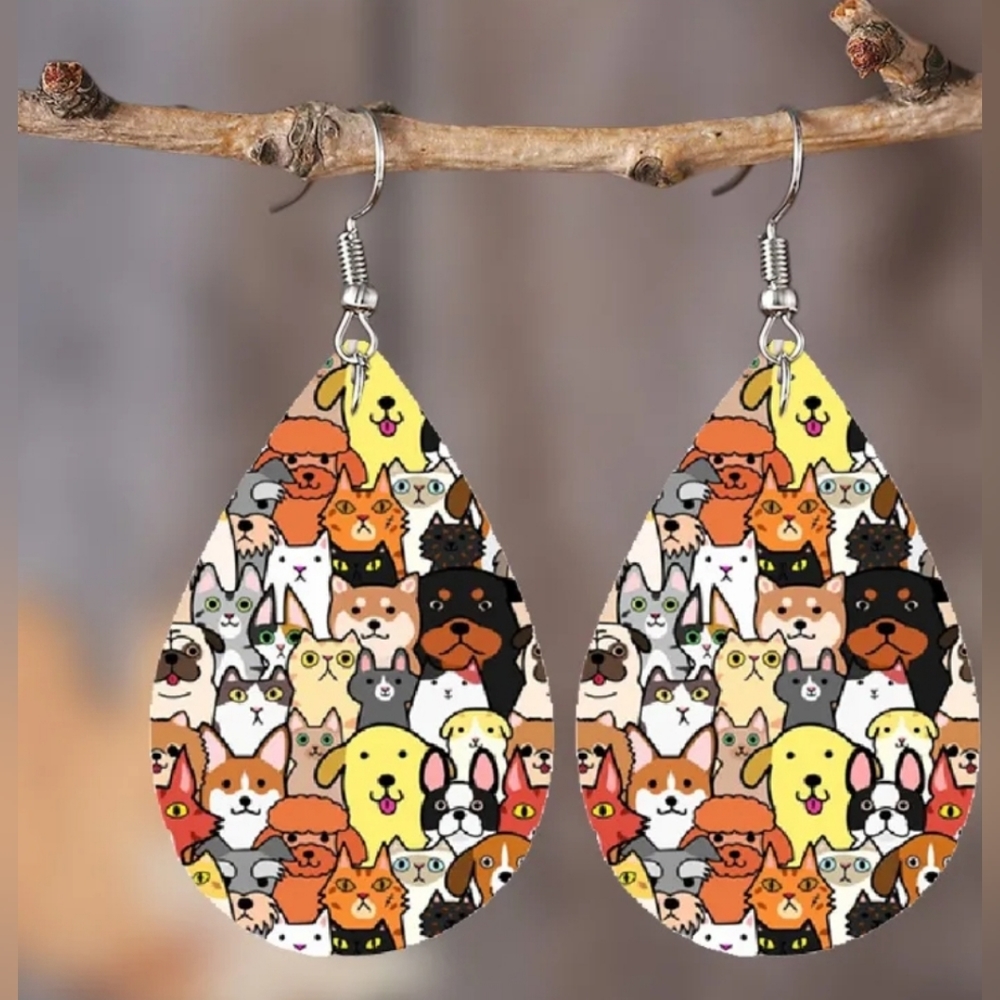 Faux Leather Colorful Cat & Dog Teardrop‎ Dangle Earrings 2/$15 3/$20 4/$25